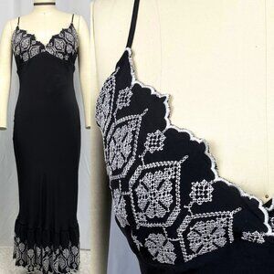 Vintage Y2K Tristan et Iseut silk embroidered slip midi dress black 10